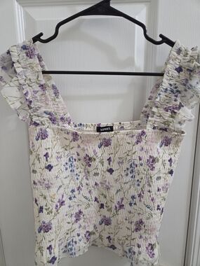 Express Cream Floral Smocked Ruffle Strap Tank Top